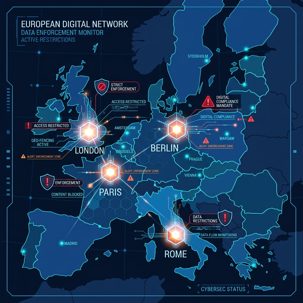 High-tech map of Europe showing digital enforcement nodes