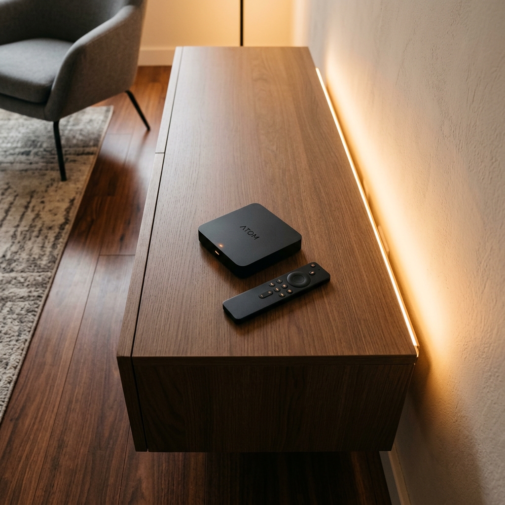 Minimalist matte black streaming box and remote