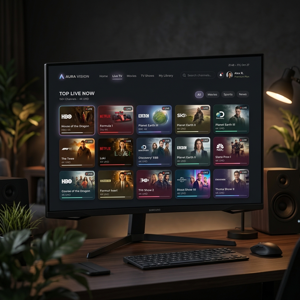Premium IPTV Dark UI Dashboard Dashboard 4k Channel Grid