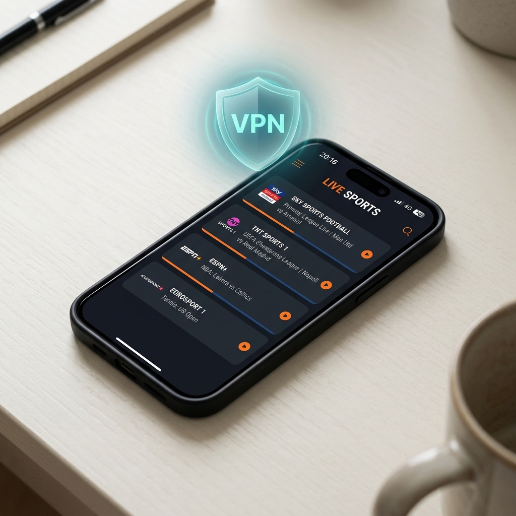 Smartphone running premium dark UI IPTV app with VPN active